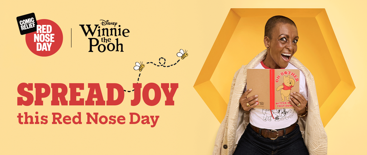 A GIF that switches between two scenes promoting Red Nose Day with Disney Winnie-the-Pooh. The first shows Adjoa Andoh sitting in front of a yellow honeycomb backdrop, holding an open Winnie the Pooh notebook. The second shows two children inside a yellow honeycomb frame, smiling and holding colourful Winnie the Pooh–themed water bottles. On both frames, the left side features the Comic Relief Red Nose Day logo, the Disney Winnie-the-Pooh logo, and the message “Spread Joy this Red Nose Day.”